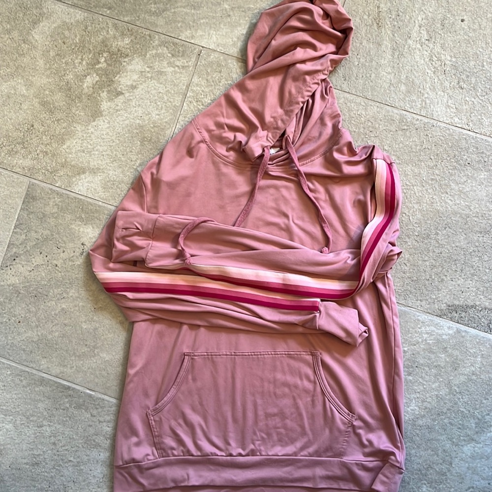 Really cute tracksuit top with hoodie, tie, strings, stripes, kangaroo pocket